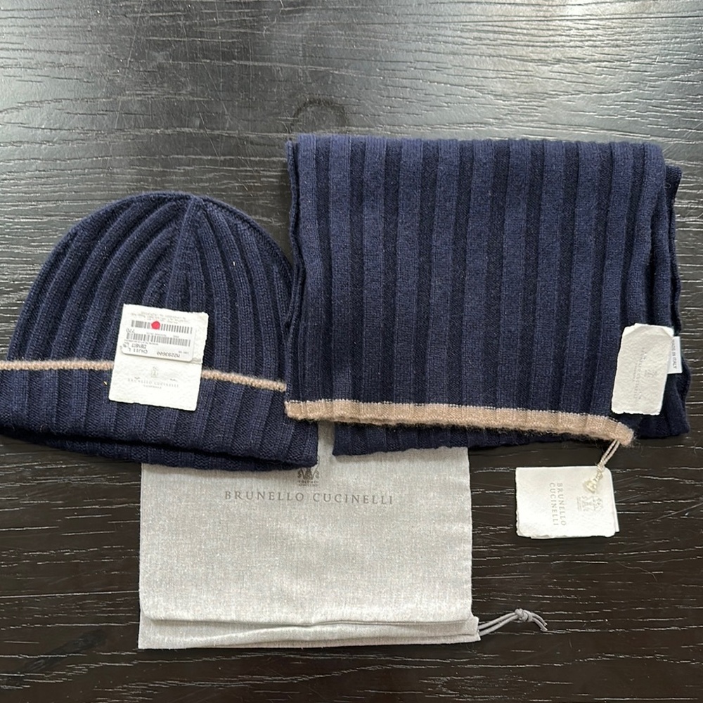Brunello Cucinelli Cashmere Navy and Tan Men's Accessory Set